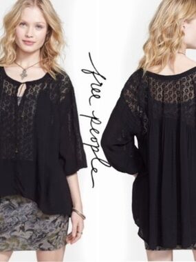 Free People Moon River Easy Peasant Top Black Lace Medium Neck Tie Tassels